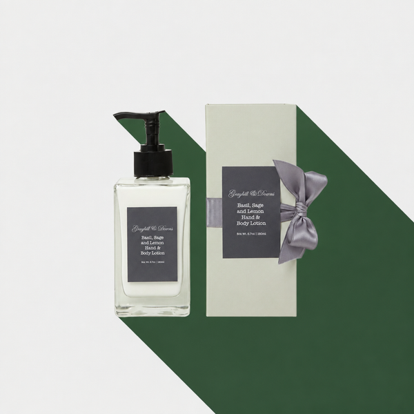 Basil, Sage and Lemon Hand & Body Lotion with a hunter-green long shadow